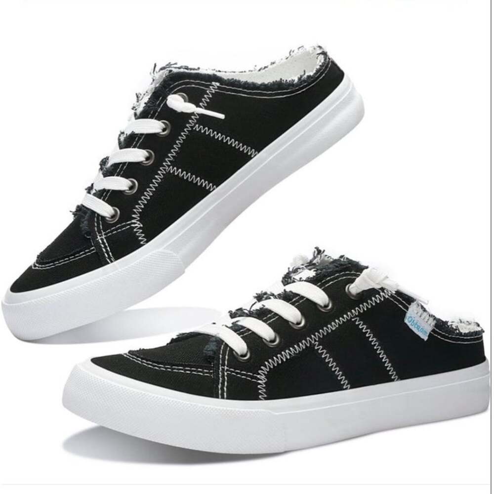 BRAND NEW ~ Black & White Canvas Memory Foam Mules Slip-On Backless Shoes ~ 9